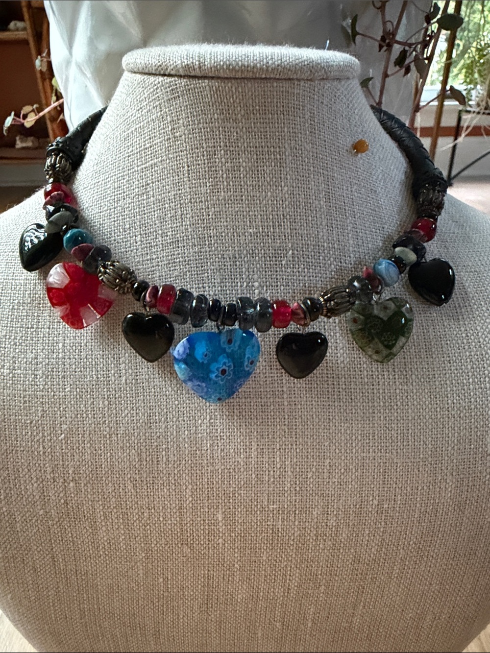 Vintage Murano Millefiori Glass Hearts Necklace on the leather cord chocker.
